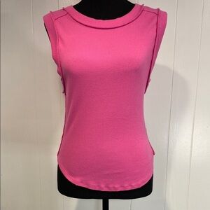 We The Free Tank Top Ribbed High Crewneck Raw Edge Vibrant Pink Size Large